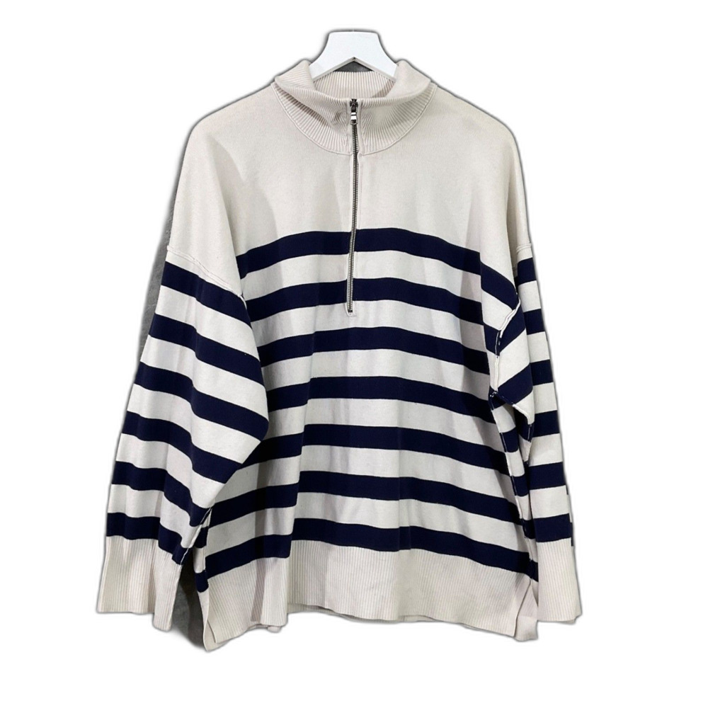 Free People Cream and Navy Striped Half-Zip Sweater